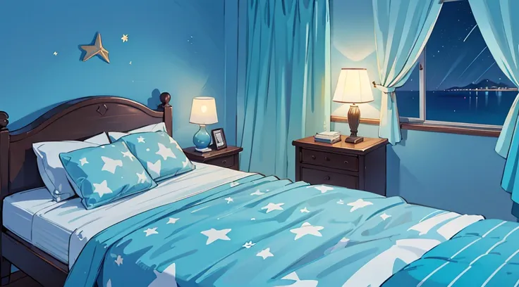 bedroom with sea view, star-shaped lighting, blue bed sheets, blue star-patterned curtains, night time, relaxation, beautiful scenery