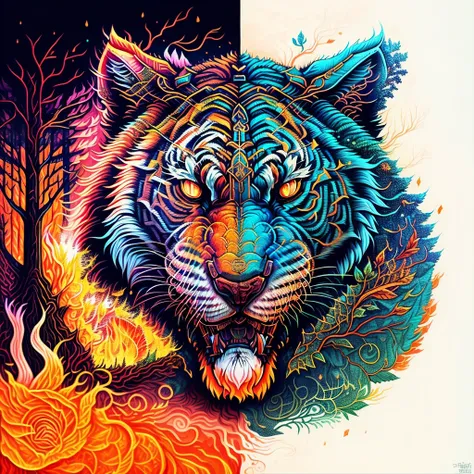 A stylized portrait-oriented depiction where a tiger serves as the dividing line between two contrasting worlds. To the left, fiery reds and oranges dominate as flames consume trees. To the right, a rejuvenated forest flourishes with fresh green foliage. T...