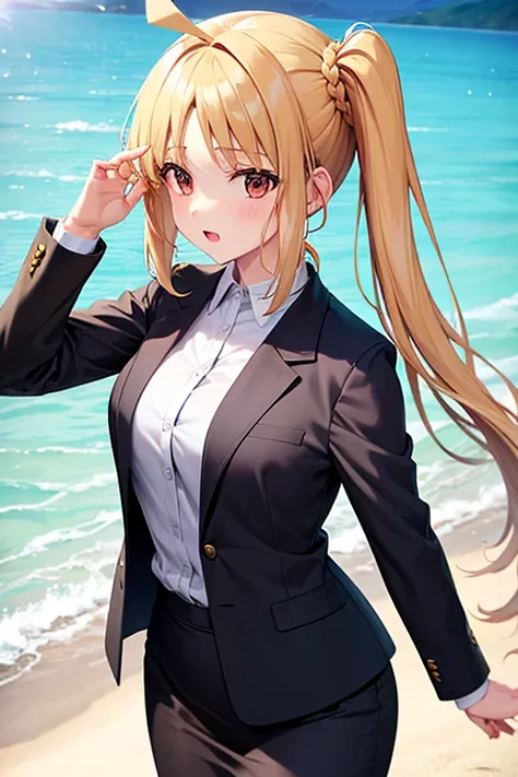 1girl, nijika ichiji, beach background, suit, office lady, black skirt, black blazer, pencil skirt, white shirt, long hair, teen...