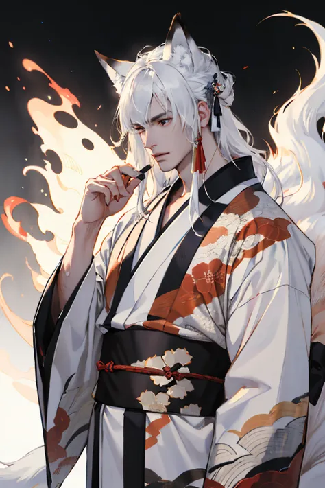 Realistic, (masterpiece, top quality, best quality, official art), very detailed, colorful, most detailed, gods, long white hair, tassels on bangs, kitsune, nine tailed fox, yokai, wearing kimono, man, male, graceful, elegant, long nails, fox man, white fo...