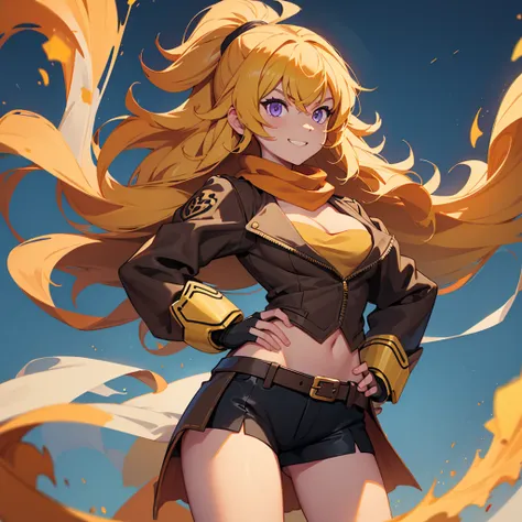 (masterpiece, best quality:1.2), cowboy shot, solo, 1girl, yang xiao long, grin, hand on hip, ahoge, purple eyes, brown jacket, ...