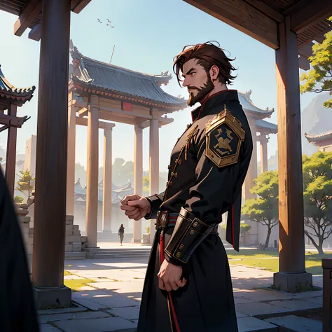 ​masterpiece, Best Quality, detailed, Cinematics, 4k, Background with:In front of a pavilion inside an ancient Chinese city, wearing black uniform and armor, Moorim’s absolute expertise(Middle-aged man with very short reddish-brown hair), kaiser beard