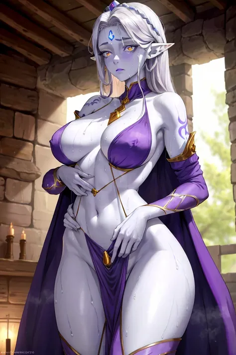 A tall and beautiful elf woman, light blue glowing eyes, cold expression, proud posture, chest up, lavender skin, purple facial tattoos, silver tied hair, exposed chest, exposed shoulders , showing her navel and thighs, looking up at the camera, with sweat...