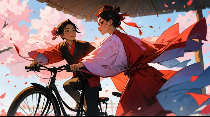 （（Couple wearing red Han Dynasty costumes）），（a bicycle with a basket，There are flowers in the basket），（Ride on the bustling streets of Tang Dynasty），and the sun was shining brightly，Pink petals are floating in the sky，Delicate face，Blind box toy style，电影灯光...