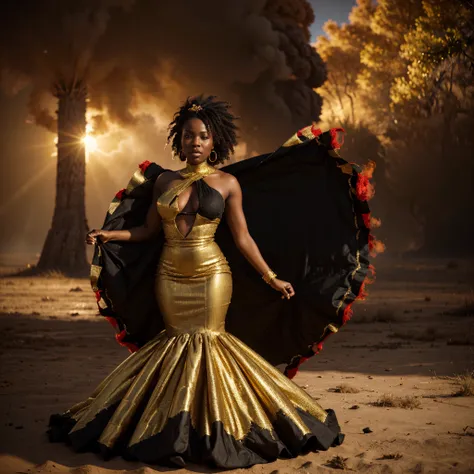 Wide angle shot of a beautiful african woman dressed in a black and gold African designed dress, with red smoke on the ground blowing with the wind, gold sun in the background providing a moody atmospheric cinematic lighting, hyper-realistic image, 32k, ul...