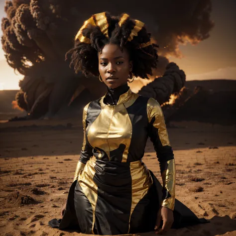 Wide angle shot of a beautiful african woman dressed in a black and gold African designed dress, with red smoke on the ground blowing with the wind, gold sun in the background providing a moody atmospheric cinematic lighting, hyper-realistic image, 32k, ul...