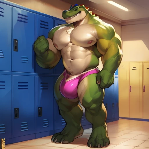 Solo, male, muscular, giant, enormous, buff, strong, massive biceps, massive pecs, canine, alligator, pink underwear, massive bulge, detailed bulge, by darkgem, by mystikfox61, by glitter trap boy, locker room, taller than lockers