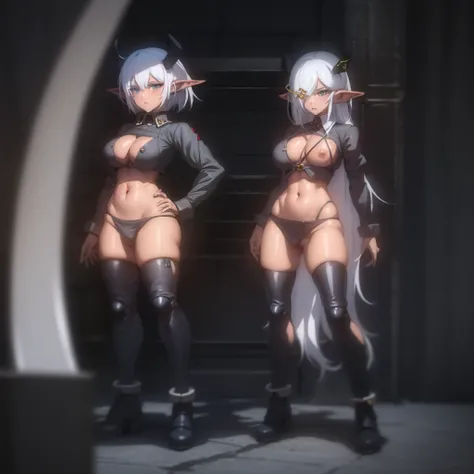 full body standing woman, white background, white hair, long messy hair, black elf skin, militar uniform (nazi uniform), looking to the viewer, short skirt, open chest, erotic but SFW