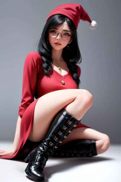 Estilo anime, ................3d, Uma mulher de 27 anos com cabelos marrom na altura dos ombros, brunette and wearing glasses, exibindo um estilo ousado e rocknroll. Ela vestindo um vestido de natal vermelho, On his head a red Christmas hat . On the feet, ...