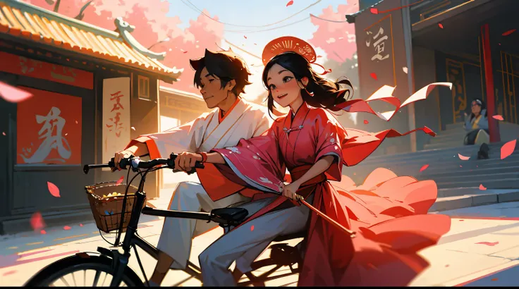 （（Couple wearing red Han Dynasty costumes riding a bicycle）），（Sitting front and back），（a bicycle with a basket，There are flowers in the basket），（Ride on the bustling streets of Tang Dynasty），and the sun was shining brightly，Pink petals are floating in the ...