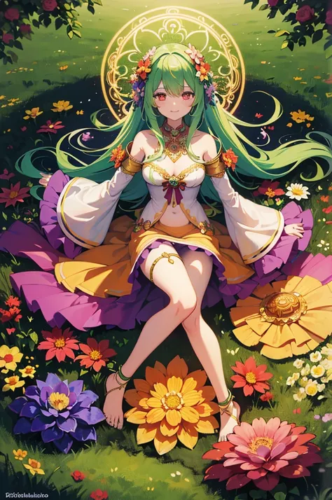 llustration of a goddess in a colorful dress surrounded by flowers, flower goddess, deity of spring, a goddess in a field of flowers, the goddess of summer, goddess of spring, digital illustration radiating, flower queen, dreamy psychedelic anime, she the ...