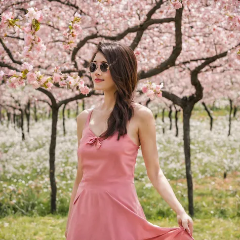 There is a beautiful Chinese woman standing in a cherry blossom field with a sun hat and wearing a pink halter dress, longos cabelos castanhos ondulados, wearing sunglasses, alto e magro, Beautiful, sorriso sutil, Standing in the cherry blossom field, stan...