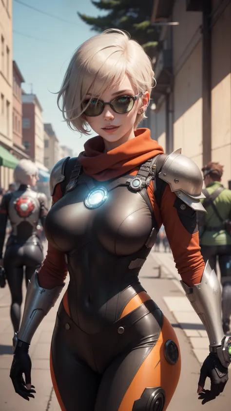 gwen tennyson,yorha 2b,tracer,rebecca chambers,overwatch,atelier ryza,close up,iron man workshop,tattoos,orange plugsuit,short sleeve pilot leotard,short sleeve cyborg pilot jacket,orange sport leggings,mech pilot leather corset,short hair,punk makeup,gree...