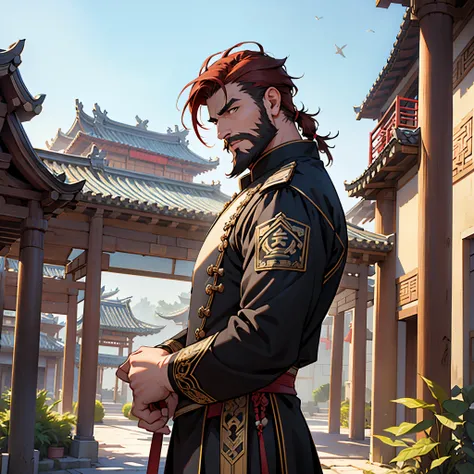 ​masterpiece, Best Quality, detailed, Cinematics, 4k, Background with:In front of a pavilion inside an ancient Chinese city, wearing black uniform and armor, Moorim’s absolute expertise(Middle-aged man with very short auburn hair), kaiser beard