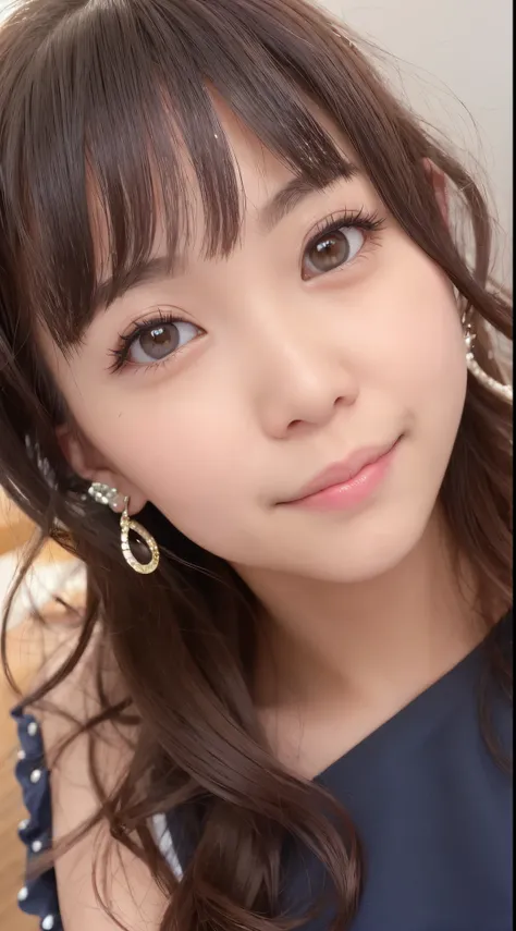 A cute young woman wearing a navy blue dress was taking a photo.., 奈良美智, chiho, 8K selfie photo, Shiori Teshirogi, narumi kakinouchi, Chiho Ashima, 🚿🗝📝, deayami kojima, harumi, mayuri shiina，Duck mouth，A smile，Red Eye Shadow，Medium length hair，Curled ends ...