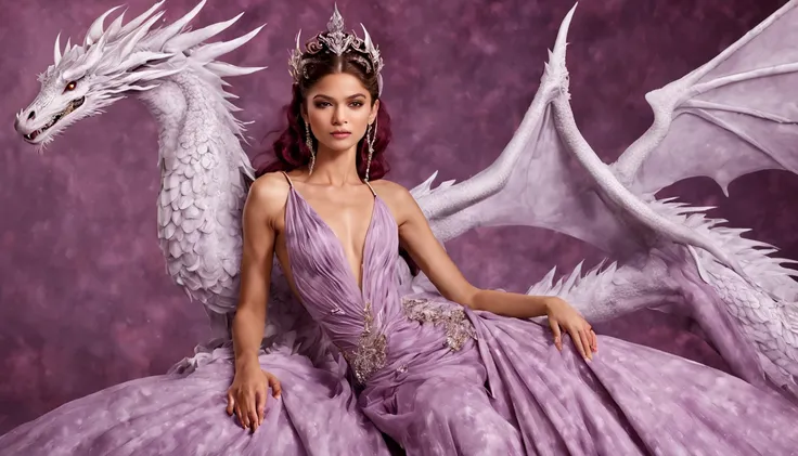 queen of the white dragon, mulher madura jovem, "zendaya", orelhas longas de elfos, elegant lilac ruby dress, mama grande, curvy...