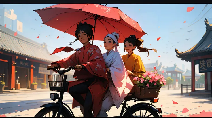 （（Couple wearing red Han Dynasty costumes riding a bicycle，Riding alone，A person  sitting behind）），（a bicycle with a basket，There are flowers in the basket），（Ride on the bustling streets of Tang Dynasty），and the sun was shining brightly，Pink petals are flo...