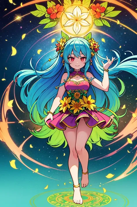 llustration of a goddess in a colorful dress surrounded by flowers, flower goddess, deity of spring, a goddess in a field of flowers, the goddess of summer, goddess of spring, digital illustration radiating, flower queen, dreamy psychedelic anime, she the ...