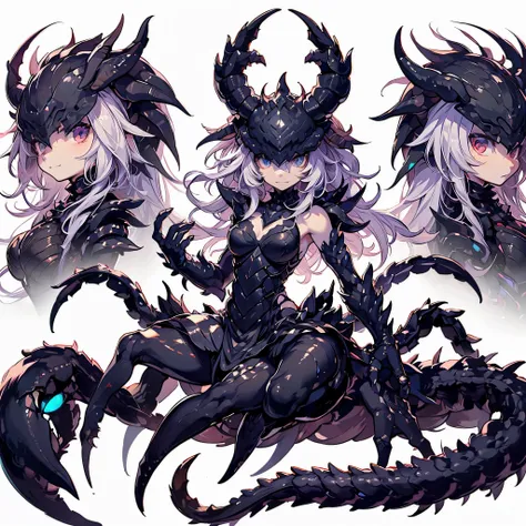 azdahaku. female dragon. scorpion element. meskemo. black exoskeleton. three-head. compound. anime style.