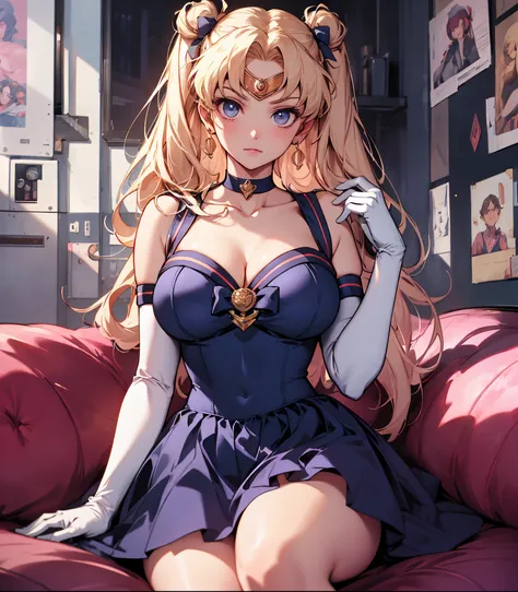 (masterpiece),(sailor moon) (risograph) best quality, full-body shot, expressive eyes, perfect face, medium breast, good breast, beautiful, gorgeous ,sitting on a couch, blonde, medium shot, indoors, lab, cleavage, aausagi, double bun, twintails, parted ba...