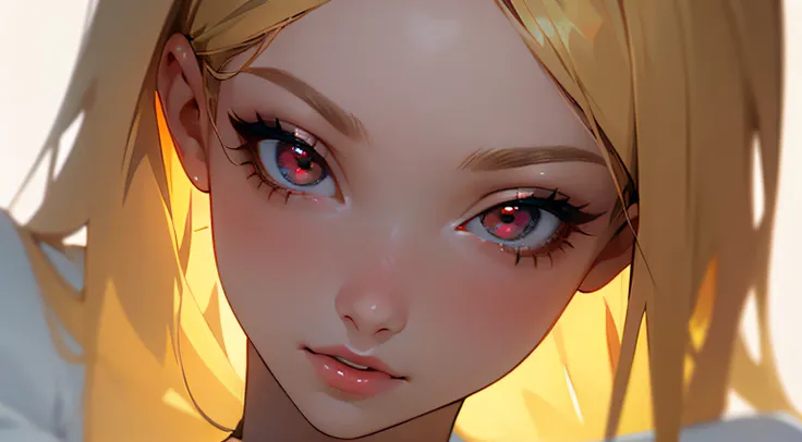 La mejor calidad, Ultra detallado,realista:1.37,a portrait of the face of a 17-year-old female, blonde hair, red eyes, perfect face, perfect lips, perfect eyes, fine details