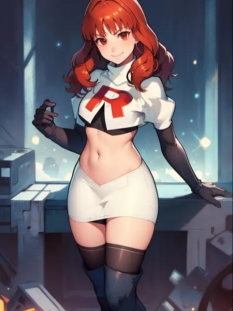 celica fe, team rocket uniform, red letter r, white skirt,white crop top,black thigh-high boots, black elbow gloves, evil smile,...