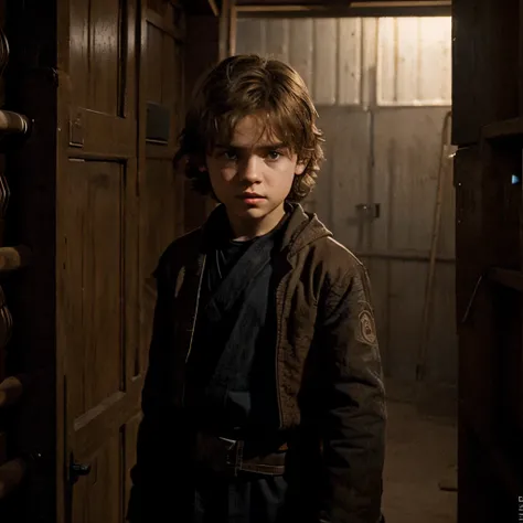 young anakin skywalker opens the door to a large storage shed on tatooine. dimly lit.