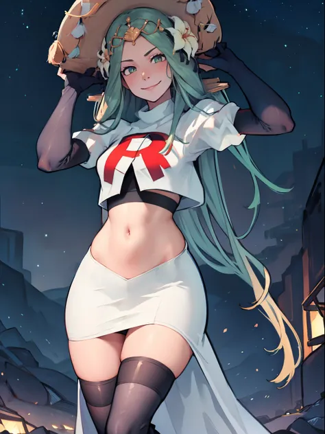 defRhea, headdress, hair flower, team rocket uniform, red letter R, white skirt,white crop top,black thigh-high boots, black elbow gloves, evil smile, looking at viewer, cowboy shot, sexy pose, night sky background