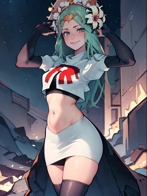 defRhea, headdress, hair flower, team rocket uniform, red letter R, white skirt,white crop top,black thigh-high boots, black elbow gloves, evil smile, looking at viewer, cowboy shot, sexy pose, night sky background