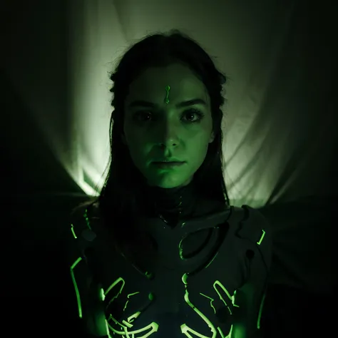 Girl in love with glowing green skeleton man in the dark