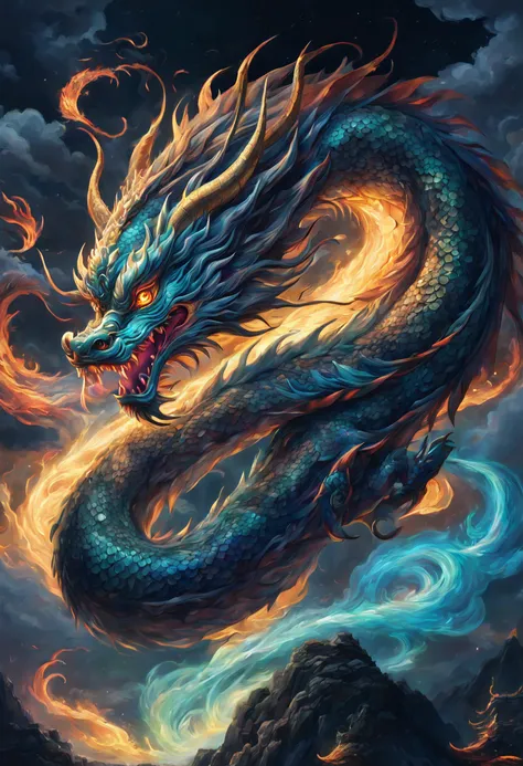 chinese dragon, majestic night, detailed scales, glowing eyes, swirling clouds, powerful presence, mystical aura, mystical artwo...