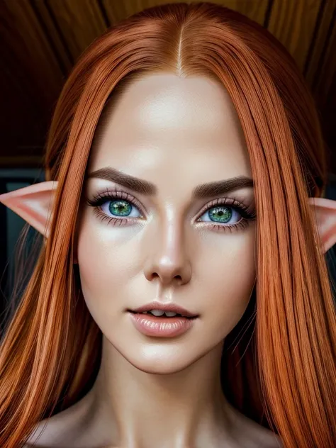 realistic elf woman, very detailed faces, orange hair, orange eyes, orange lips, full body, NSFW, red blush, blushing, slim abdomen: 1.2, detailed eyes, sexy, undressed, naked,  open mouth,