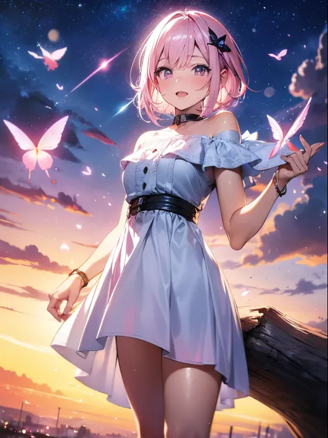 ((Pink eyes))、 Pink Short Bob、Bangs at the top of the eyebrows、short bangs、 imaginative fantasy landscape, a storybook illustration, inky,having a good time,butterflys, flowers around,(fullmoon), iconic symbol,top-quality、facefocus、Soft light、detail,