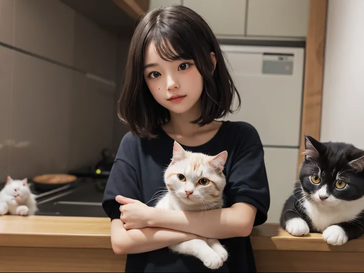 Cute little girl，long whitr hair，k hd, and a scottish fold cat.