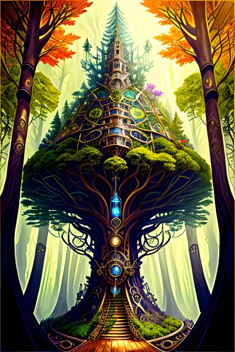 Yggdrasil imagined as steampunk towering a forrest, surrounded by forrest, intricate, detailed, vivid colors, hyper realistic, medium shot, artstyle by Julie Bell, Masterpiece