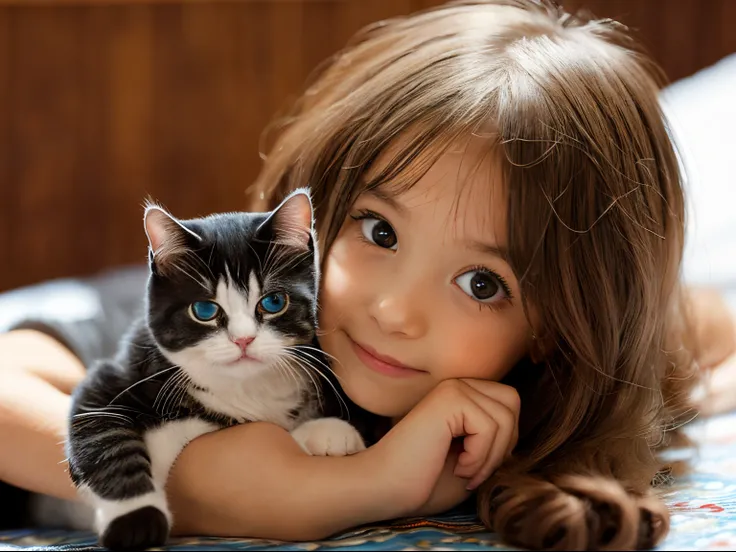 Cute little girl，long whitr hair，k hd, and a scottish fold cat.