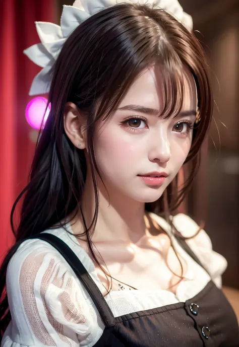 8K, of the highest quality, masutepiece:1.2), (Realistic, Photorealsitic:1.37), of the highest quality, masutepiece, Beautiful young woman, Pensive expression,、A charming、and an inviting look, Cute Maid Clothes, Hair tied back, Cinematic background, Light ...