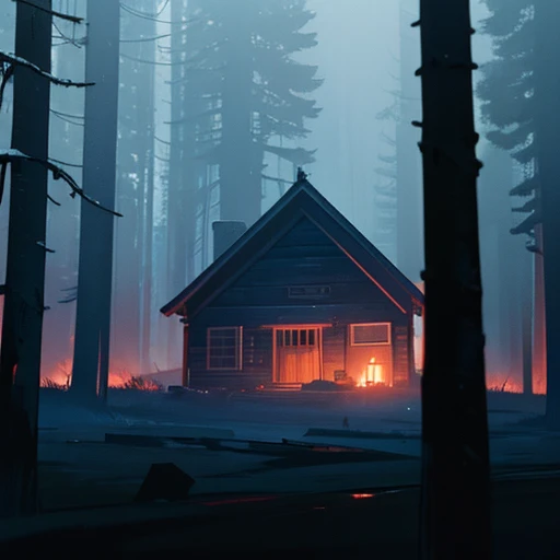 cinematic still, cabin in the woods, heavy atmosphere , night, volumetric fog, horror film lighting