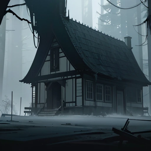 (best quality,4k,8k,highres,masterpiece:1.2),ultra-detailed,(realistic,photorealistic,photo-realistic:1.37),cinematic still,cabin in the woods,heavy atmosphere,night,volumetric fog,horror film lighting,dark creepy cabin,isolated location,mysterious silhoue...