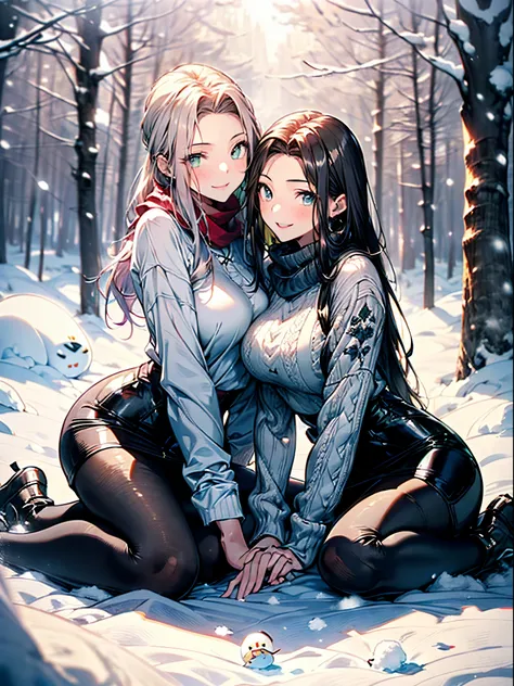 ((2 girls:1.5, snow rabbit:1.laying around in snowy field in forest:1.37, with a snowman:1.5)), nordic, ((matured girl wearing s...