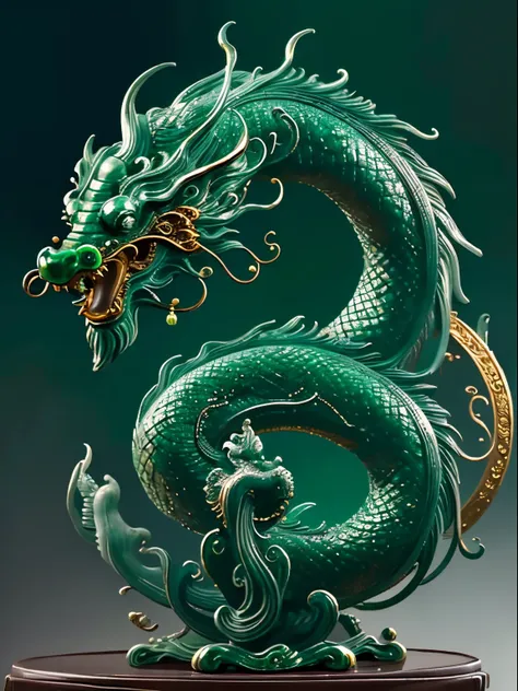 masterpiece,best quality,close up,gold line,green jade,loong,dragon,chinese dragon,fangs,gold scales,open mouths,claws,((jade sc...