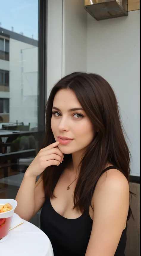 brunette woman eating lunch selfi