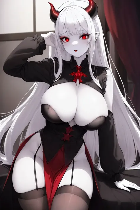 ((Masterpiece)),1 tall girl,voluptuous body,pale skin,white hair,red eyes,short black horns on head,black lips,short red dress,long black stockings,black heels,demon tail , sexy pose, school scene