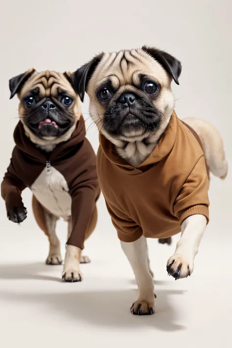 Two pugs wearing brown hoodies running and playing in front of white background