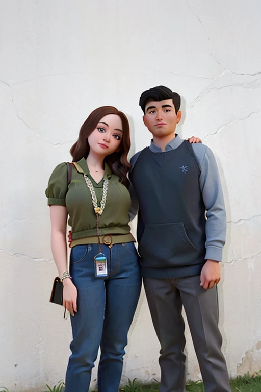 A disney pixar of a couple. there are two people standing next to each other in front of a wall, with ivy, at college, student, lovely couple, candid picture, with her long, wpol and sarasti, portrait, with wart, couple pose, portrait, taken with canon 8 0...