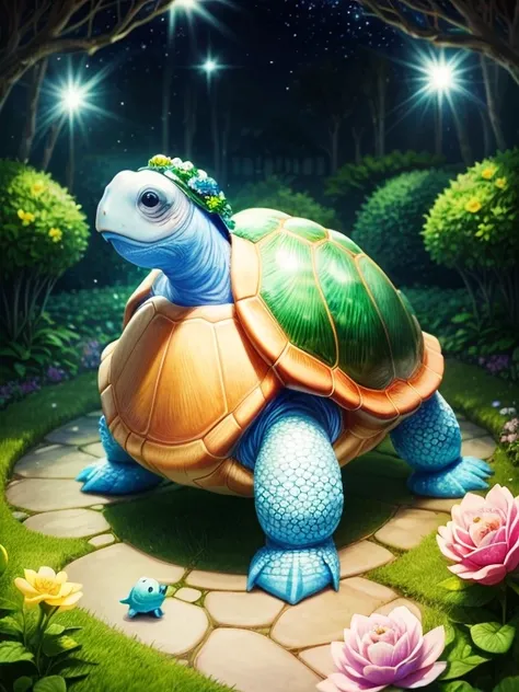 ((fairytale)), ((the cute turtle illustration  drawn)), largeeyes, round eyes, eyes glowing, (a variety of poseeautiful garden i...