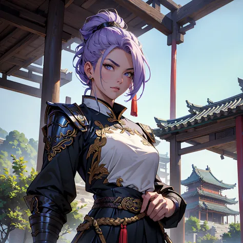 ​masterpiece, Best Quality, detailed, Cinematics, 4k, Background with:In front of a pavilion inside an ancient Chinese city, wearing black uniform and armor.,blue belt, Mature female warrior with purple pomade hair, Cool pose