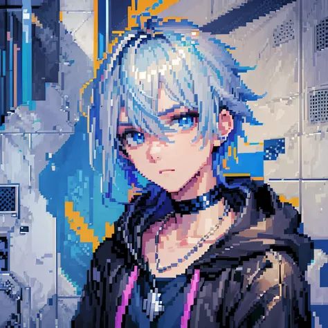 ((The style of pixel art)), pix, 4-bit pixel art, 1 Boys close, Face only, Beige hair, blue hairs, Blue eyes,  choker necklace,Loose hoodie,Black hoodie， Pixel official art, absurd res, view the viewer, solofocus, Dynamic Angle, Head tilt, , Ultra-fine pix...