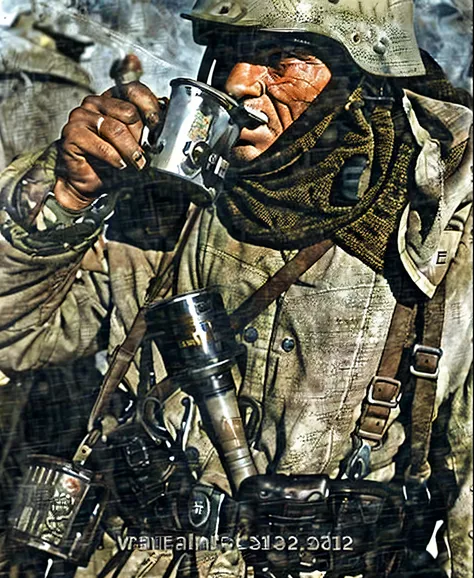 arafed soldier with a coffee mug in his hand, soldier with a gasmask, maschinen krieger, ww 2, ww2, ww 2 historical photography,...