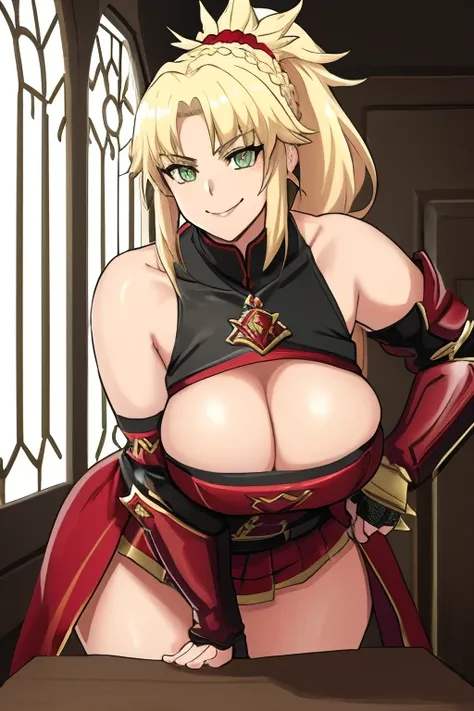 best quality, masterpiece, highres, solo, {mordred_fgo:1.15}, blonde_hair, long_hair, ponytail, green_eyes, braid, scrunchie, hair_ornament, red_scrunchie, bangs, hair_scrunchie, breasts, smile, large_breasts, bent_over, 1girl, armor, looking_at_viewer, sw...